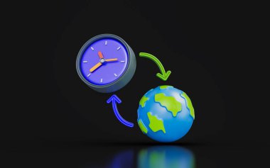 globe sign with clock on dark background 3d render concept for world time zone