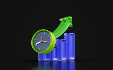 business chart up arrow sing with clock on dark background 3d render concept for time to market