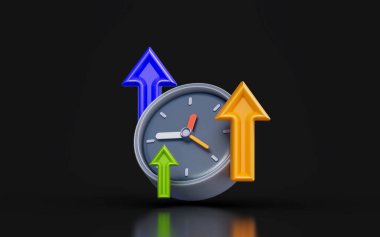 clock sign with up arrow on dark background 3d render concept for process improvement 