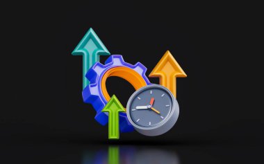 gear sign with up arrow clock on dark background 3d render concept for productivity 