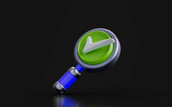 Magnify Glass Sing Check Mark Dark Background Render Concept Searching — Foto Stock