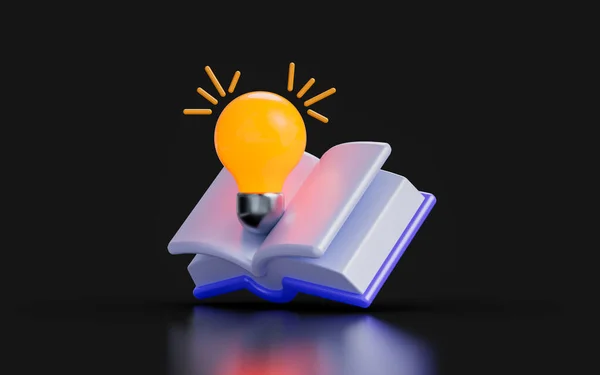 book sign with glowing lightbulb on dark background 3d render concept for learning research