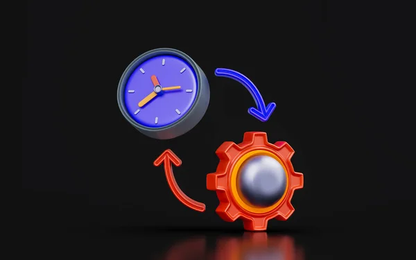 Gear Sign Clock Dark Background Render Concept Time Management — Stok fotoğraf