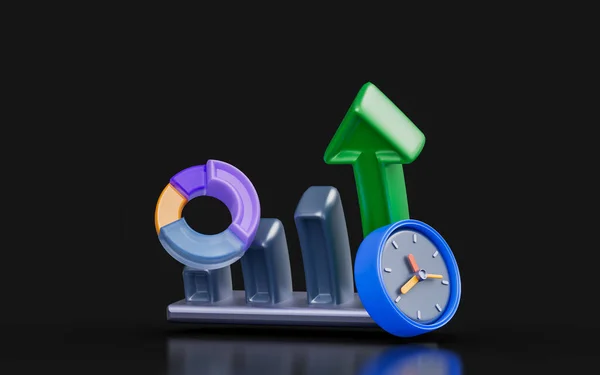 Business Pie Chart Arrow Clock Dark Background Render Concept Time — 스톡 사진