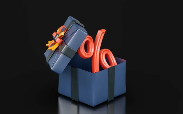 Open Gift Box Percentage Sign Dark Background Render Concept Black — ストック写真