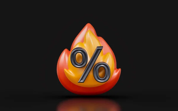 fire percentage sign cartoon look on dark background 3d render concept for black Friday offer