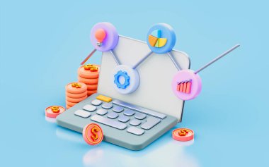 laptop sign with dollar coin chart bar pie gear and lightbulb 3d render concept for online banking