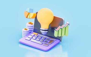 laptop sign with lightbulb pie chart dollar 3d render concept for money making idea