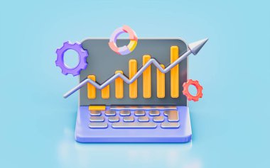 laptop sign with gear pie chart bar 3d render concept for online sales growth data analyze