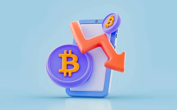 Bitcoin Sign Smartphone Arrow Render Concept Crypto Market Rate Decrease — Foto Stock