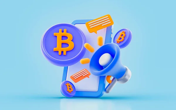 Bitcoin Sign Megaphone Smartphone Bubble Chat Render Concept Crypto Advertising — Stockfoto