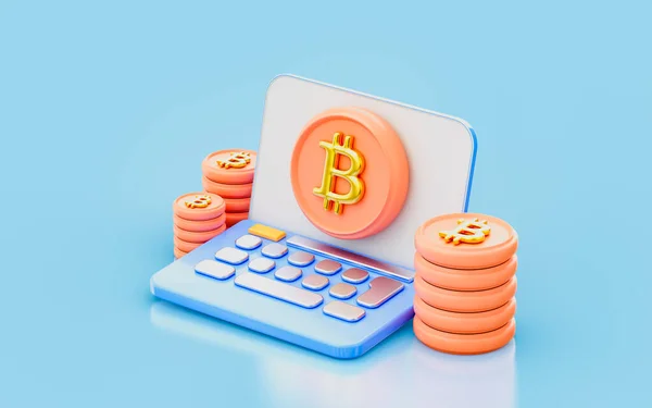 Bitcoin Sign Laptop Render Concept Crypto Currency Marketing Advertising — ストック写真