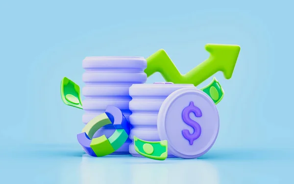 Dollar Note Coin Arrow Sign Render Concept Sales Profit Analysis — Stock Fotó