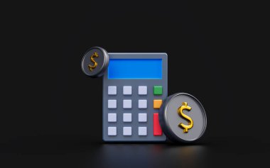 calculator sign with dollar coin on dark background 3d render concept for money calculate