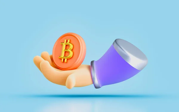 Bitcoin Sign Hand Cartoon Look Render Concept Holding Bitcoin Future — Photo