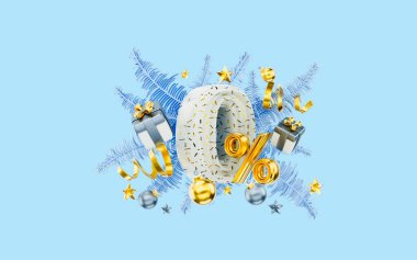 winter mega offer 0 percent interest with gift box luxury ornament 3d render concept for shopping 