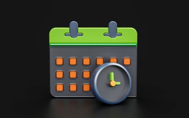 calendar sign with clock on dark background 3d render concept for schedule time management 