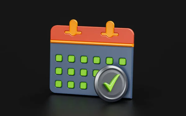 Calendar Check Mark Sign Dark Background Render Concept Schedule Planning — Fotografie, imagine de stoc