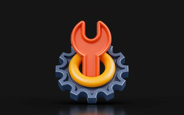 Gear Sign Wrench Dark Background Render Concept Machine Repair — 스톡 사진