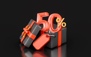 big offer 50 percent discount with giftbox sale tag 3d render concept for black Friday event