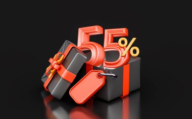 big offer 55 percent discount with giftbox sale tag 3d render concept for black Friday event