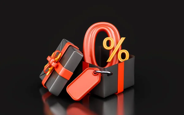 Big Offer Percent Interest Giftbox Sale Tag Render Concept Black — ストック写真