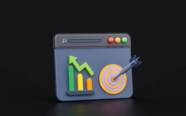 browser interface with line chart bar and bullseye arrow sign on dark background 3d render concept