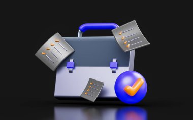 briefcase with document check mark sign on dark background 3d render concept for statement approve