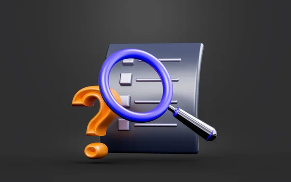 document question mark with magnify glass sign dark background 3d render concept for search inquiry