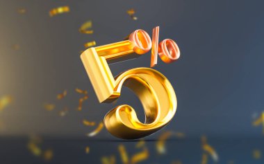 black Friday mega offer 5 percent discount with gold confetti 3d render concept for big shopping