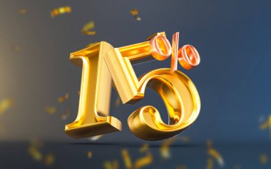 black Friday mega offer 15 percent discount with gold confetti 3d render concept for big shopping