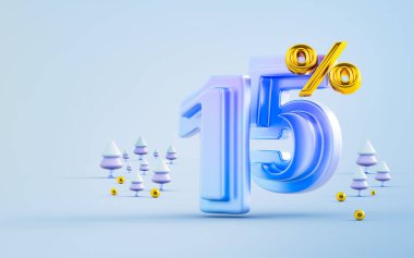 winter big sale offer 15 percent discount with Xmas tree 3d render concept for mega shopping event