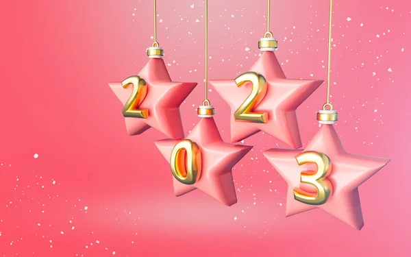 happy new year 2023 with star shape banner template design on pink background 3d render concept