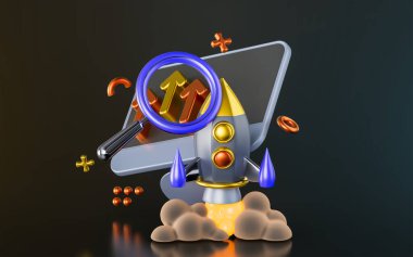 computer monitor with rocket magnify glass up arrow sign on dark background 3d render concept