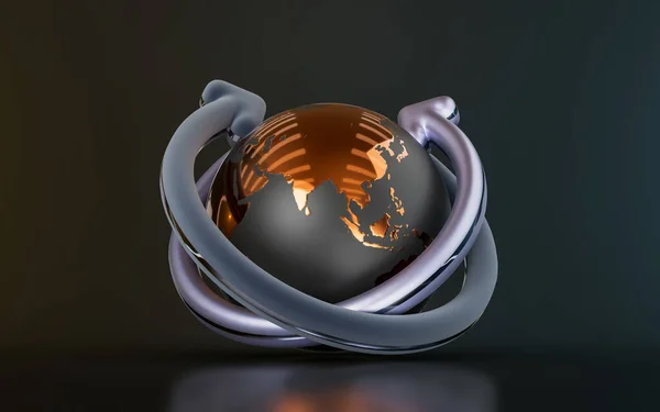 Globe Rotation Arrow Sign Dark Background Render Concept Weather Change — Stock fotografie