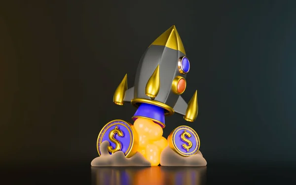 Rocket Lunch Dollar Coin Sign Dark Background Render Concept Financial — 스톡 사진