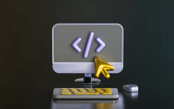 Computer Monitor Keyboard Mouse Cursor Coding Sign Dark Background Render — стоковое фото