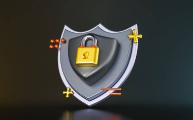 Koyu arkaplanda güvenlik kalkanı asma kilidi işareti Virüslerin korunması için 3d oluşturma kavramı