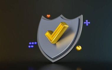 Koruma servisi için güvenlik kalkanı işaretleme işareti koyu arkaplan 3d oluşturma kavramı