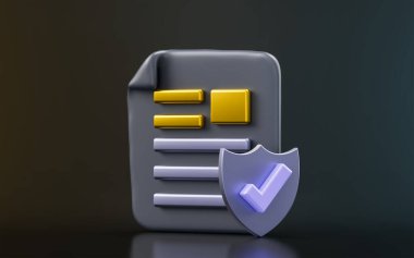 document with security shield check mark sign on dark background 3d render concept for protection