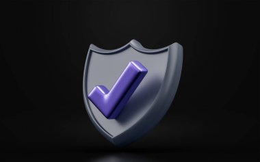 Koyu arkaplan üzerinde güvenlik kalkanı işaretleme işareti koruma için 3d oluşturma kavramı