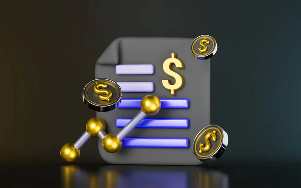 財務報告のための暗黒の背景3Dレンダリングコンセプト上のドルアップ矢印記号を持つ文書 — ストック写真