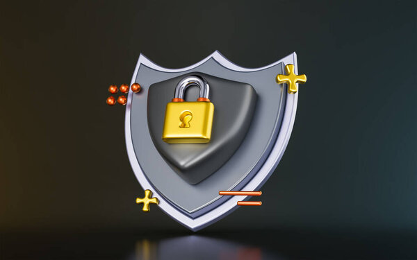 security shield padlock sign on dark background 3d render concept for viruses protection