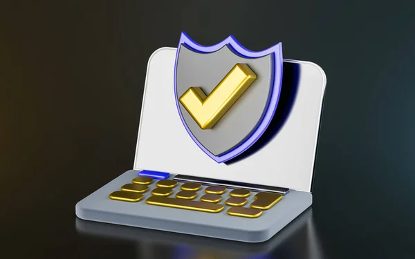 Laptop Sign Security Shield Check Mark Sign Dark Background Render — Stock Photo, Image