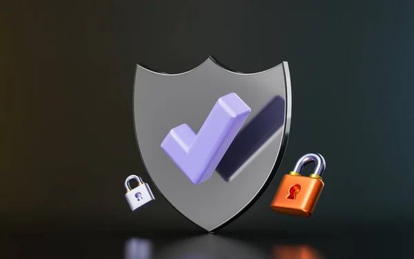 security shield check mark with padlock sign on dark background 3d render concept for safety protect
