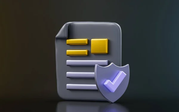 Document Security Shield Check Mark Sign Dark Background Render Concept — ストック写真