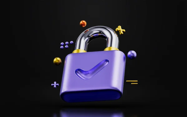 ダークバックグランド上のチェックマーク付き南京錠サイン安全な保護のための3Dレンダリングコンセプト — ストック写真