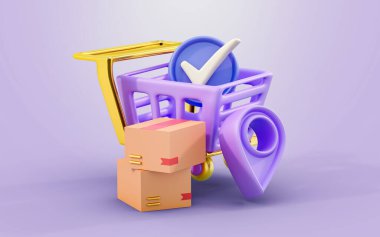 Ürün teslimatı için konum işaretli paket kutusu 3d hazırlama konseptine sahip alışveriş arabası tamamlandı
