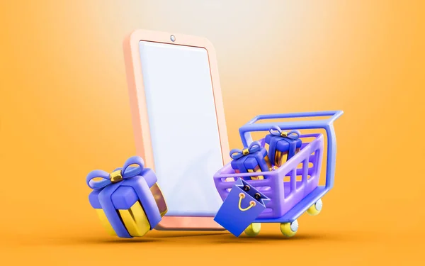 Segno Smartphone Con Carrello Della Spesa Gift Box Bag Concetto — Foto Stock