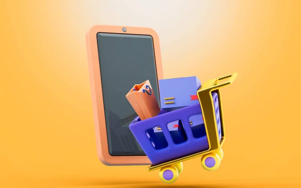 smart phone with shopping cart parcel box bag sign 3d render concept for online shopping